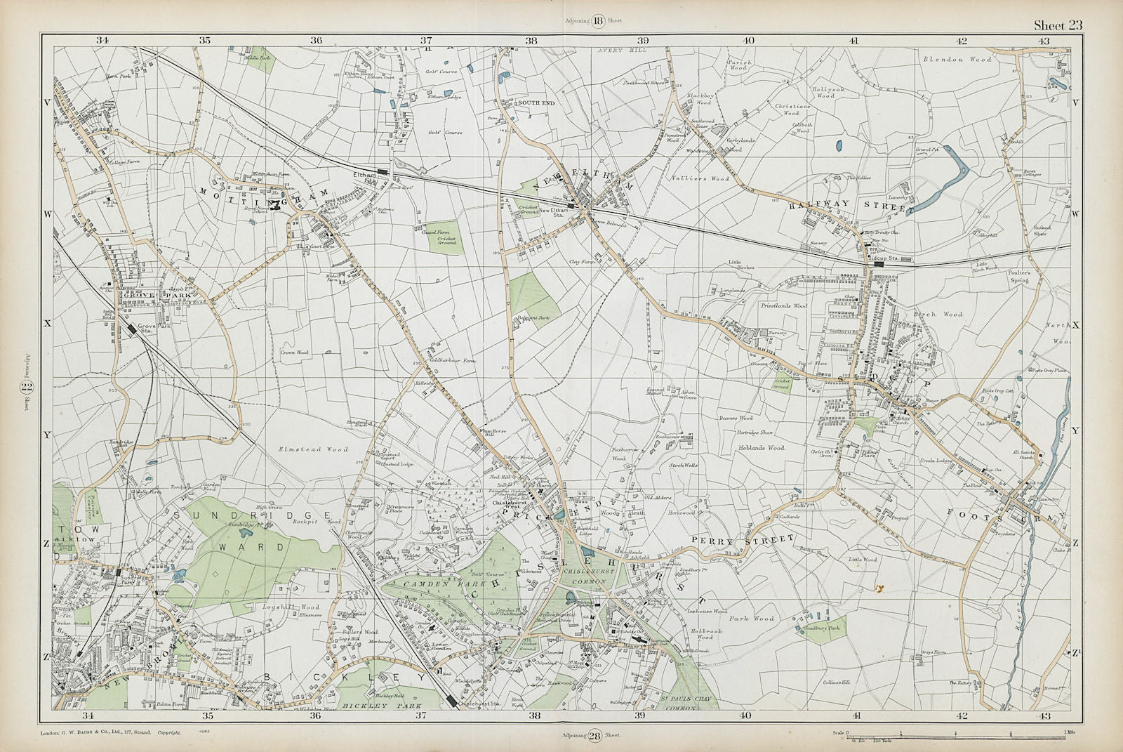 CHISLEHURST Eltham Mottingham Bromley Sidcup Foots Cray Catford. BACON  1906 map